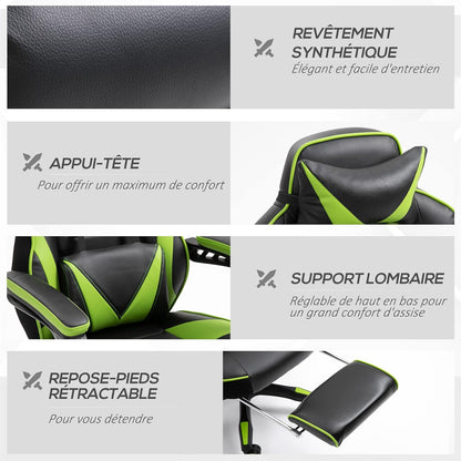 Vinsetto Ergonomic Gaming Chair, Comfortable Office Chair with Footrest, Headrest and Lumbar Cushion, Height Adjustable, Black and Green - QUORE