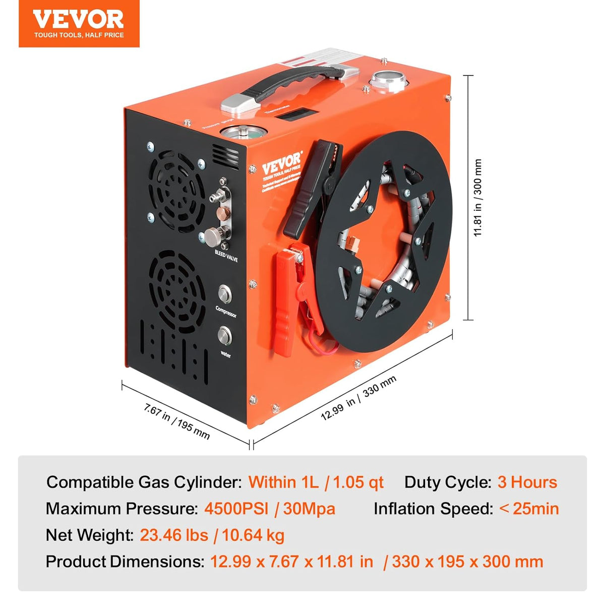 VEVOR Air Compressor PCP Portable 30MPa Water Cooling Integrated Fan, Automatic Shutdown, DC 12V/AC 230V Paintball Tank Compressor for Air Gun, Diving Bottle