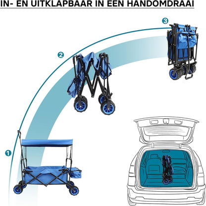 Handwagen trekkar opvouwbaar off-road met zonnedak, grote laadruimte en opbergvakken transportwagen