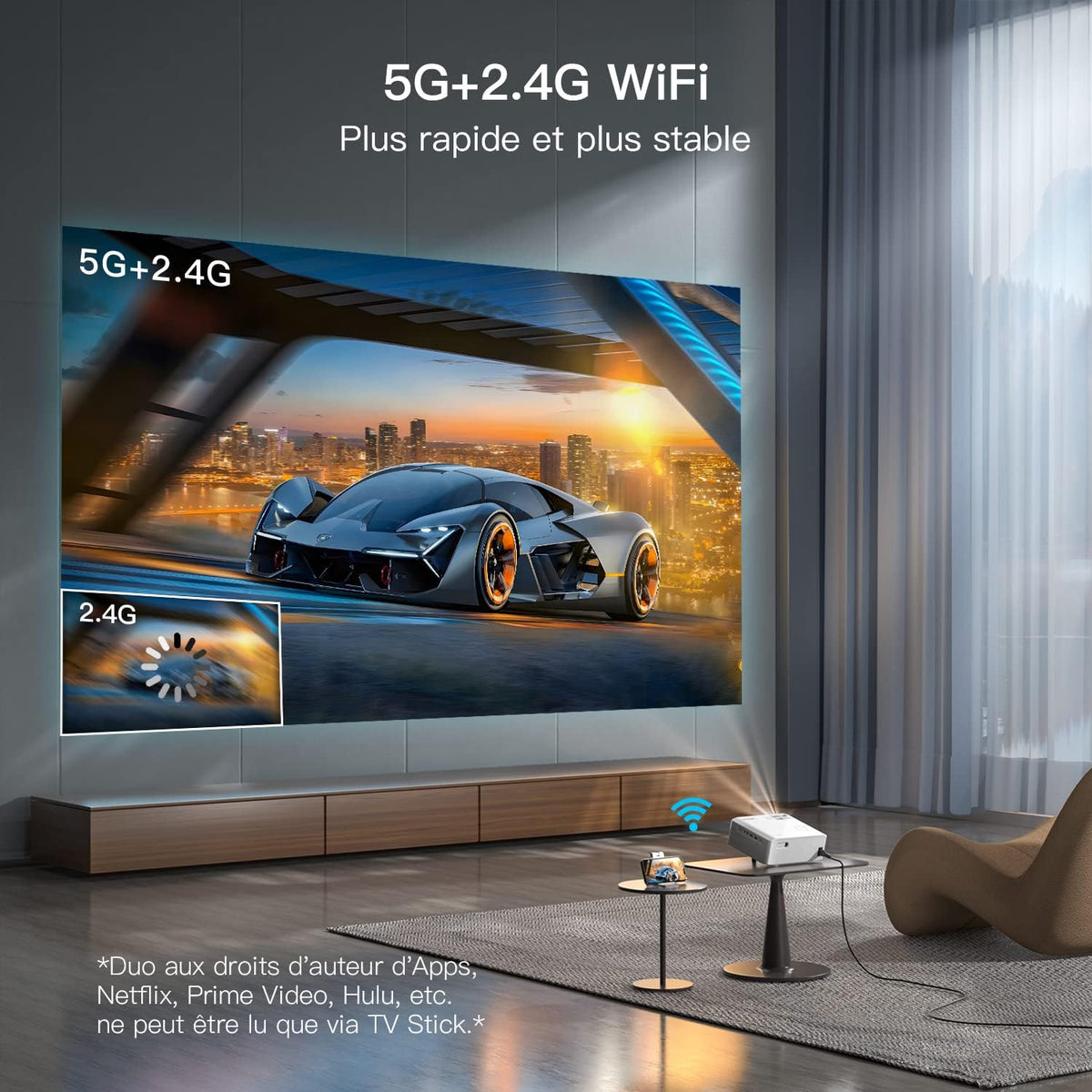 [Keystone Elektrische 6D/4P] Beamer WiFi Bluetooth 21000L, VISSPL Full HD 1080P Projector 4K ondersteund, PPT, 50% zoom, Videoverprojector voor TV Stick/iOS/Android/USB/PC