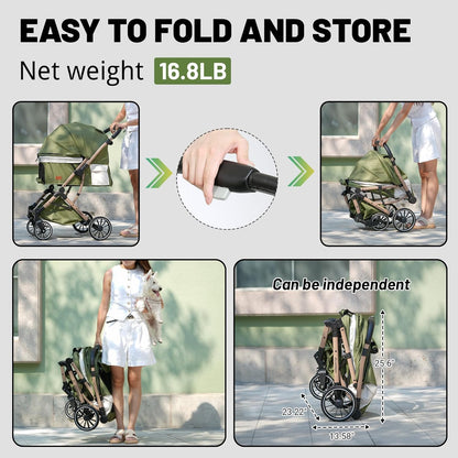 EchoSmile Opvouwbare hondenwagen, hondenbuggy tot 20 kg, voor kleine middelgrote honden en katten, hondenbuggy en kattenwagen met omkeerbare handgreep, schokdemping en afneembaar wasbaar kussen (groen