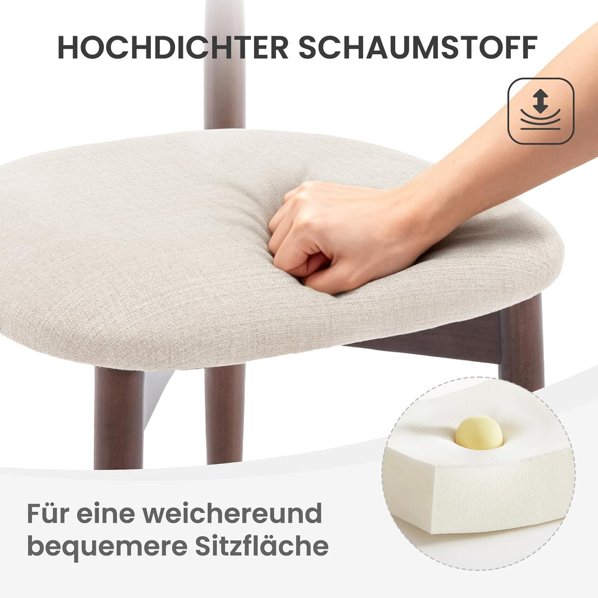 COLAMY Keukenstoel, eetkamerstoelen, set van 2, moderne gestoffeerde stoel, eetstoelen met vaste rugleuning, stoffen eetkamerstoel met houten poten, voor eetkamer, keuken, restaurant, beige