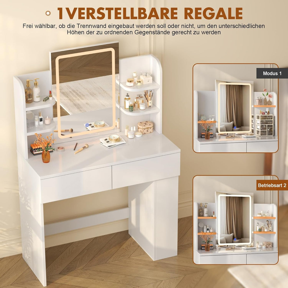 Devoko Dressing Table with Mirror and Lighting,Adjustable Brightness,Makeup Table with 2 Drawers, 4 Shelves, Modern Makeup Desk for Bedroom and Dressing Room, 90 x 40cm (White) - QUORE