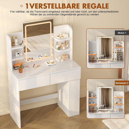 Devoko Dressing Table with Mirror and Lighting,Adjustable Brightness,Makeup Table with 2 Drawers, 4 Shelves, Modern Makeup Desk for Bedroom and Dressing Room, 90 x 40cm (White) - QUORE