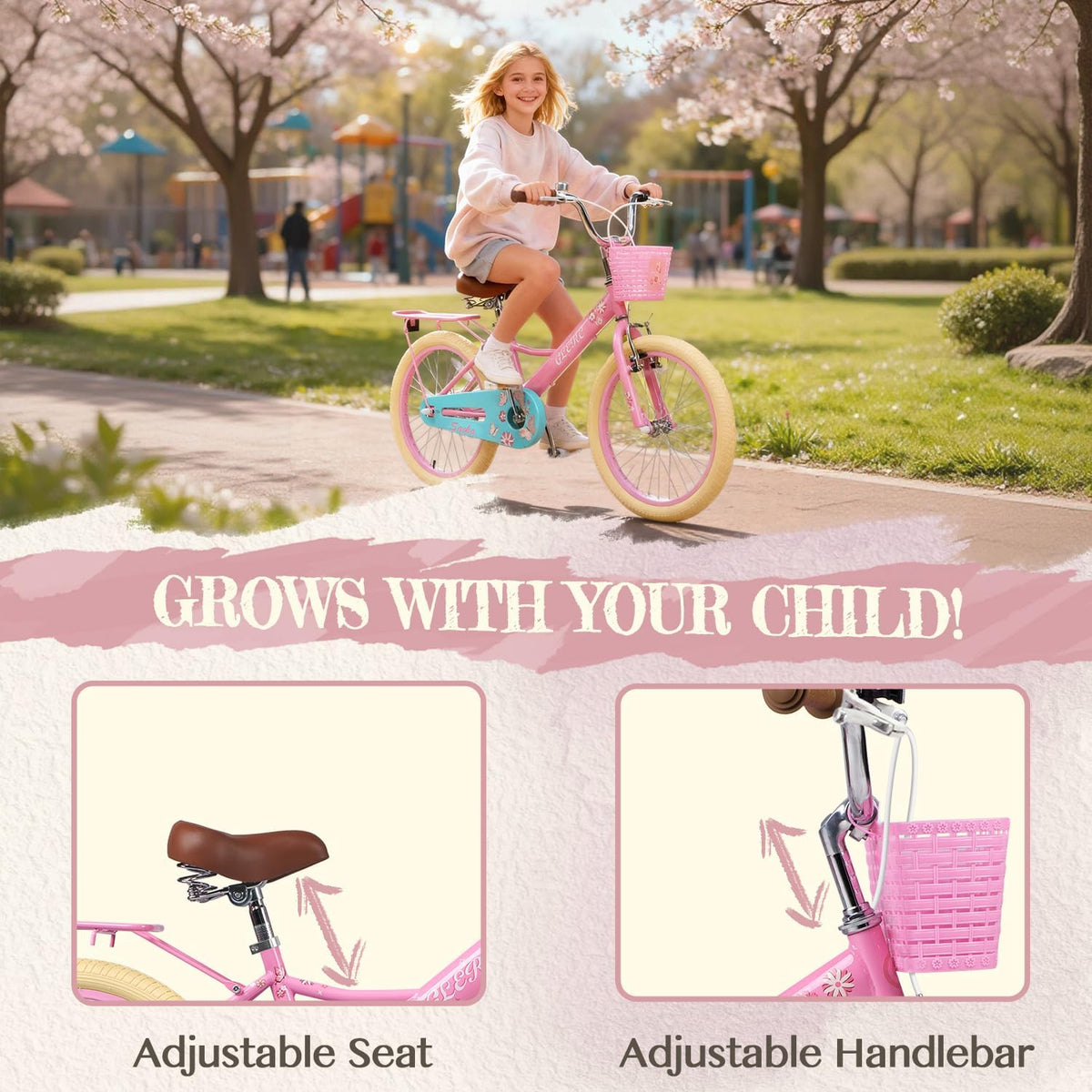 Glerc Meisjesfiets, 12 - 20 inch kinderfiets voor kinderen van 2, 3, 4, 5, 6, 7, 8, 9, 10, 11, 12, 13 jaar, kinderfiets met poppenzitje, mand, steunwielen en fietsstandaard