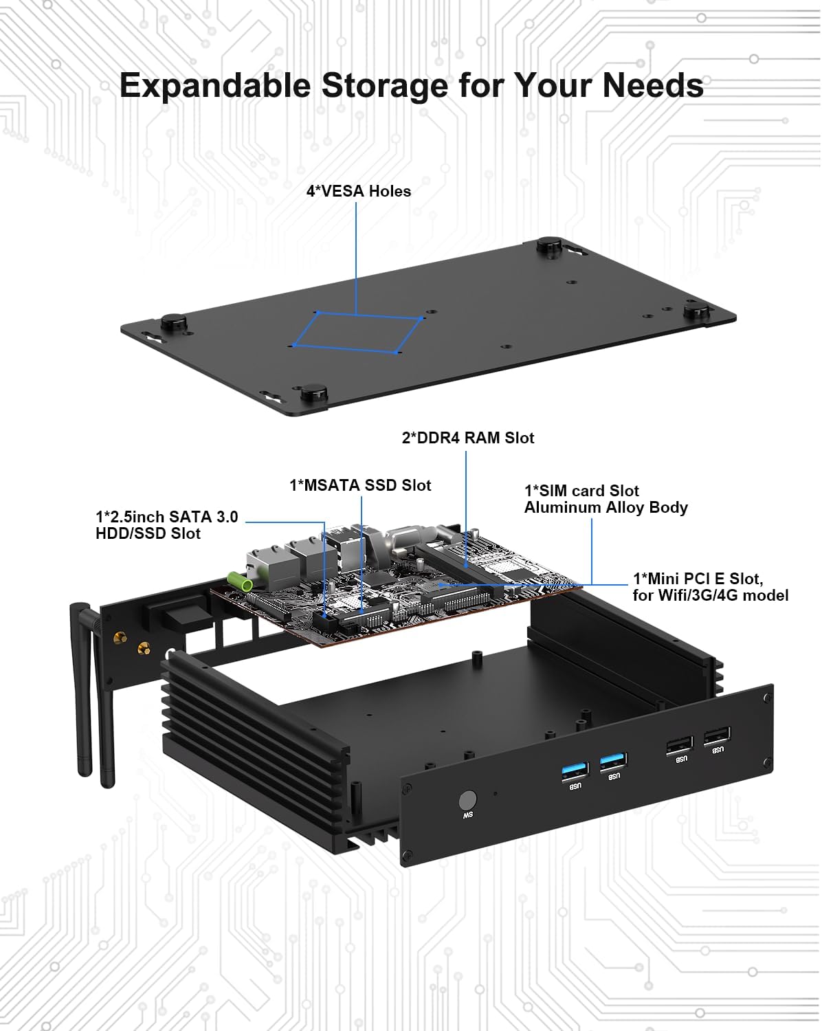 VENOEN Industrial Mini PC, Fanless PC I7, Industrial Computer, Core i7 8550U, W11 Pro, HD1.4, VGA, Dual Display, 6 RS232 COM, RJ45 LAN, USB, SIM slot, WLAN, BT4.0, WOL, RAID, 16GB RAM 512GB - QUORE