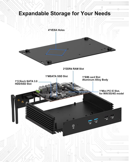 VENOEN Industrial Mini PC, Fanless PC I7, Industrial Computer, Core i7 8550U, W11 Pro, HD1.4, VGA, Dual Display, 6 RS232 COM, RJ45 LAN, USB, SIM slot, WLAN, BT4.0, WOL, RAID, 16GB RAM 512GB - QUORE