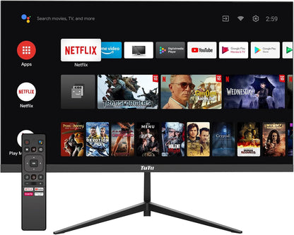 TuTu Smart Monitor 25 Inch Full HD-monitor met luidsprekers, aangedreven door Android, WiFi, Bluetooth, spraakbesturing met Google Assistant met afstandsbediening, Chromecast ingebouwd