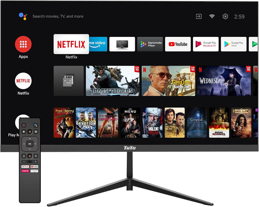 TuTu Smart Monitor 25 Inch Full HD-monitor met luidsprekers, aangedreven door Android, WiFi, Bluetooth, spraakbesturing met Google Assistant met afstandsbediening, Chromecast ingebouwd