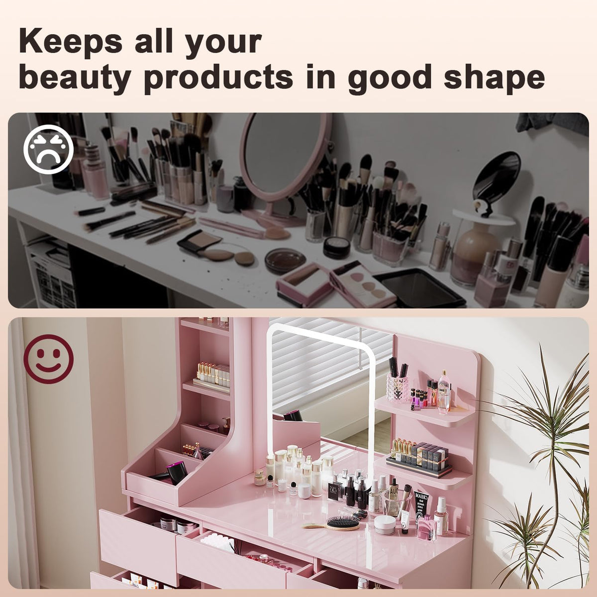 Devoko Large Dressing Table with Adjustable LED Lights and Drawer, Makeup Table with Mirror, Makeup Table with 7 Drawers, 4Open Storage Shelves, Modern Bedroom Furniture for Girls,110 x 40cm(Pink) - QUORE