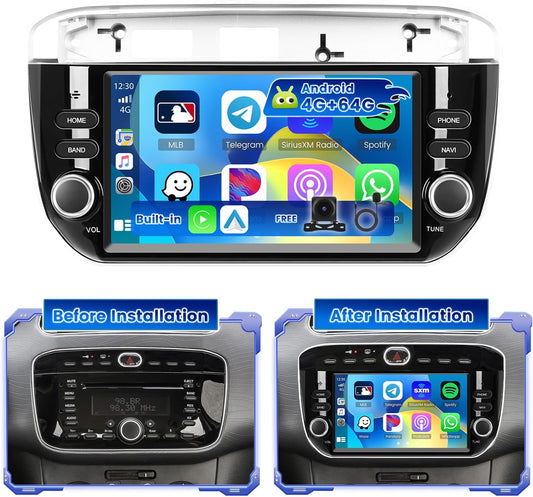 Hikity 4+64G Android 15 autoradio voor Fiat Punto 2012-2016 met 7 inch touchscreen, stereo radio met draadloze CarPlay Android Auto FM RDS radio BT GPS WiFi SWC Mirror Link + achteruitrijcamera + micr