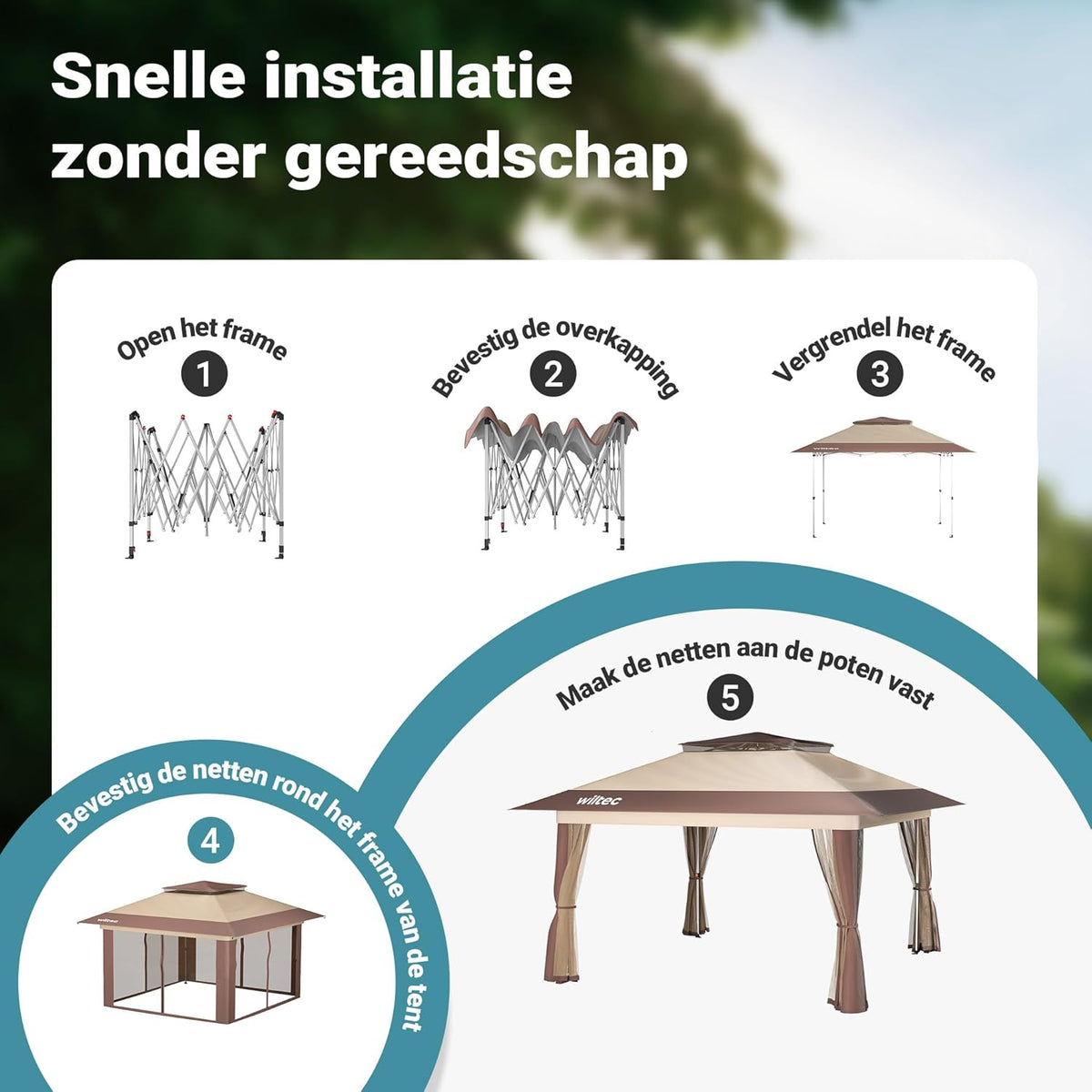 Wiltec opvouwbaar paviljoen partytent met muggennet tuinpaviljoen beige 4 x 4 m
