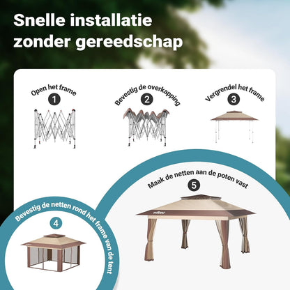 Wiltec opvouwbaar paviljoen partytent met muggennet tuinpaviljoen beige 4 x 4 m