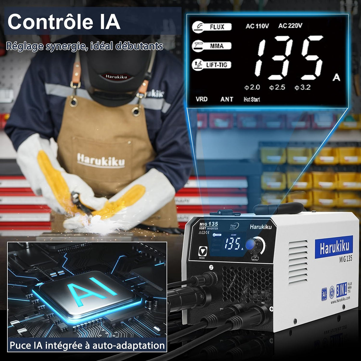 Harukiku135 lasapparaat zonder gas met gevulde draad, 3-in-1 Multiproces Lastoestel (Flux Core MIG/MMA/Lift TIG) met Synchrone Draadaanvoer, Compacte IGBT Inverter voor Professionals & Doe-het-zelvers