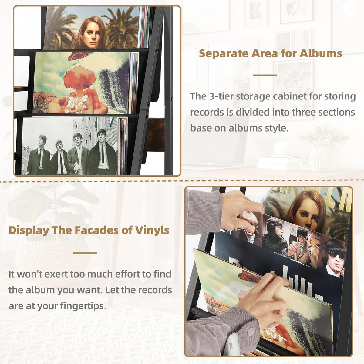 Platenspeler Standaard met Stopcontact, Eindtafel met 3 Niveaus Opslag voor Vinylplaten Platenspeler Tafel tot 200 Albums voor Vnyl Platen, Vinyl Platenhouder Kabinet voor de Woonkamer
