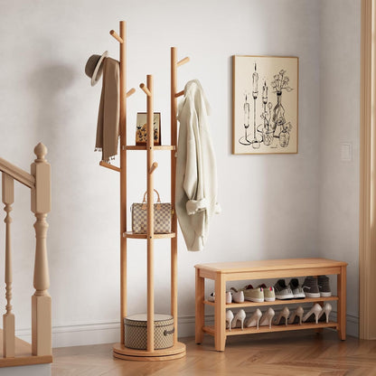 AQIMUELE Kapstok, kledingstandaard, massief hout, draaibare jasstandaard met 3 legplanken en 9 haken, voor hal, slaapkamer (natuurlijk hout)