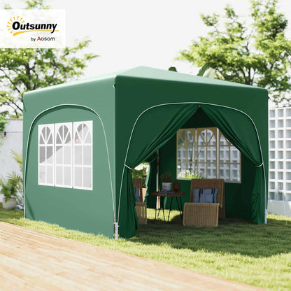 Outsunny UPF50+ 3x3 m Pop Up Gazebo with Sides and Carry Bag, UPF50+, Height-adjustable Gazebo, Instant Event Shelter for Garden, Outdoor, Patio, Dark Green - QUORE