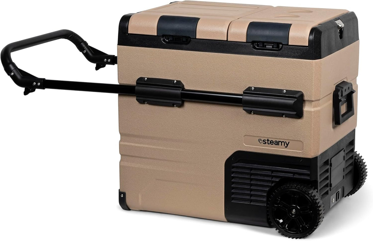 Steamy-E Dual Zone 55 Roller, Elektrische Compressor Koelbox op wielen, 54 Liter, Zandkleurig, 12V/230V, voor vriezen en koelen van -20 tot +20, ideaal voor op de camping