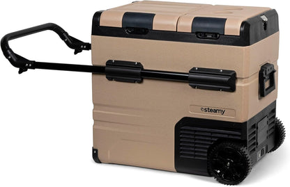 Steamy-E Dual Zone 55 Roller, Elektrische Compressor Koelbox op wielen, 54 Liter, Zandkleurig, 12V/230V, voor vriezen en koelen van -20 tot +20, ideaal voor op de camping