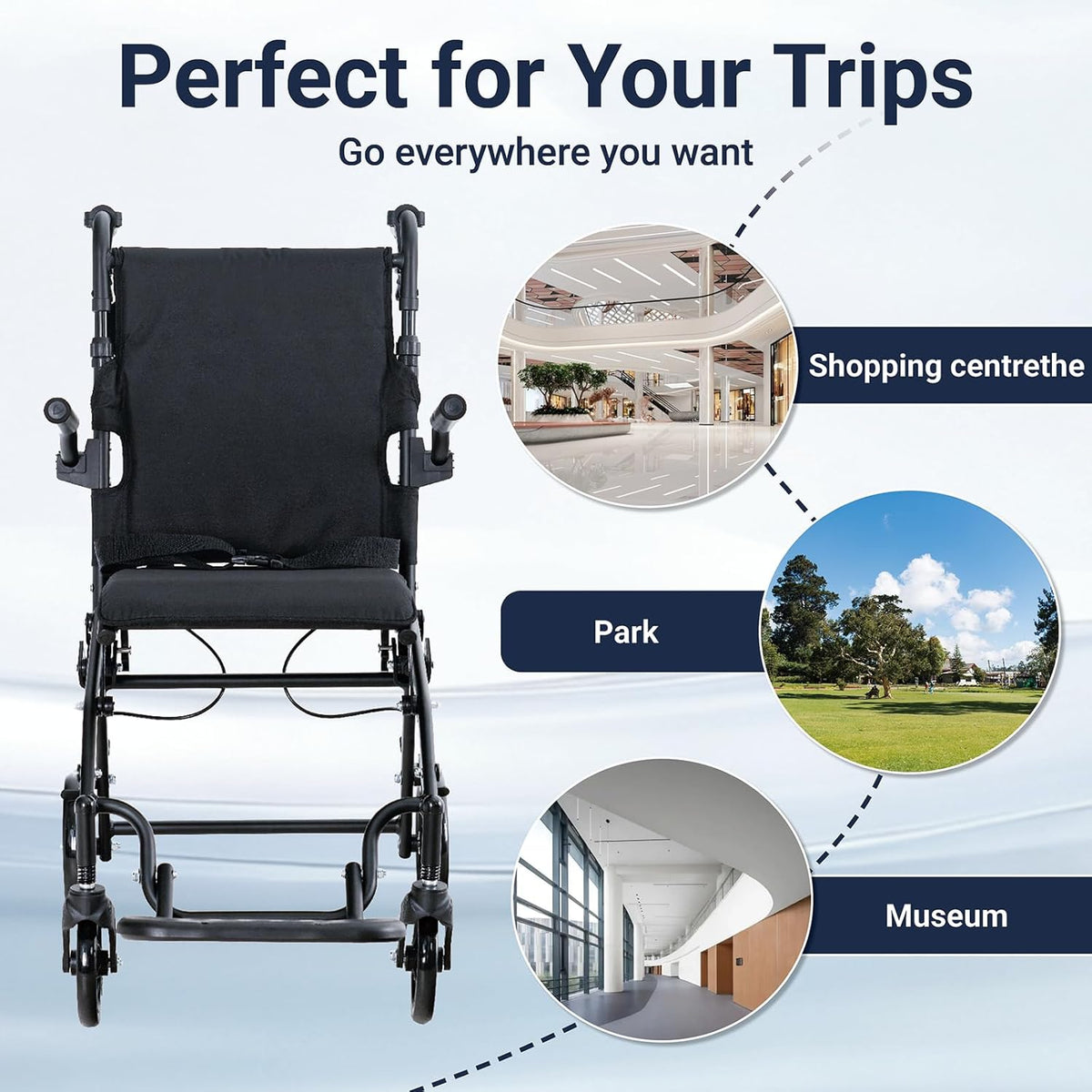 Rolstoel, opvouwbaar, licht, smalle transportrolstoel met verstelbare hoogte, ergonomische handgrepen en 360° wielen, geschikt voor woning en onderweg (Black)