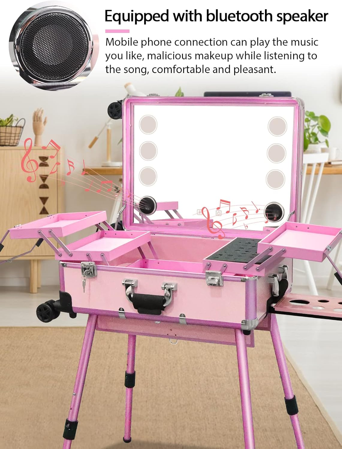 EBANKU Professionele Make-upkoffer, Rolling Makeup Travel Case Trolley Cosmetic Case met Verlichte Spiegel en Bluetooth, Multifunction Artist Cosmetic Case Hairdressing Trolley(Roze)