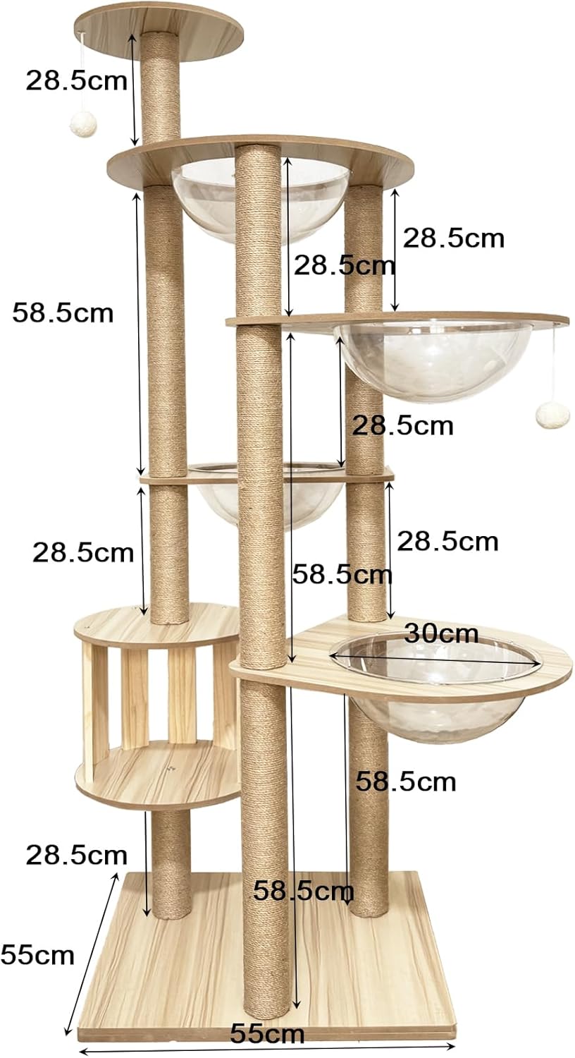 Mdpetpops Kattenkrabpaal, 183 cm, groot, met 4 capsules, jute krabzuil, ladder, hol, kattenspeelgoed, kattenkrabpaal. (houtkleur YN-105)
