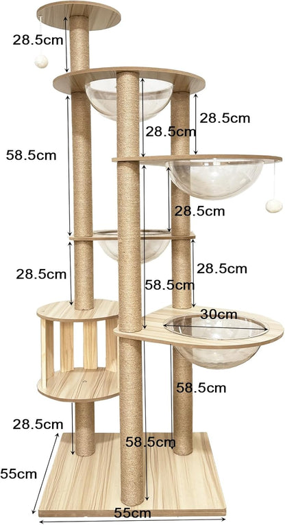 Mdpetpops Kattenkrabpaal, 183 cm, groot, met 4 capsules, jute krabzuil, ladder, hol, kattenspeelgoed, kattenkrabpaal. (houtkleur YN-105)