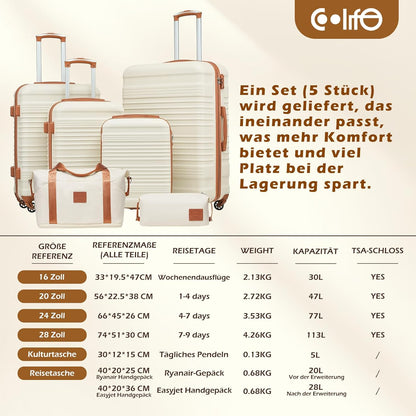 COOLIFE Kofferset, trolley, koffer, ABS, harde schaal, reiskoffer, 4 wielen, TSA-slot, intrekbare trolley, de koffer bevat 1 reistas en 1 toilettas, donkergroen/bruin, Koffer-Set 6tlg, Harde trolley