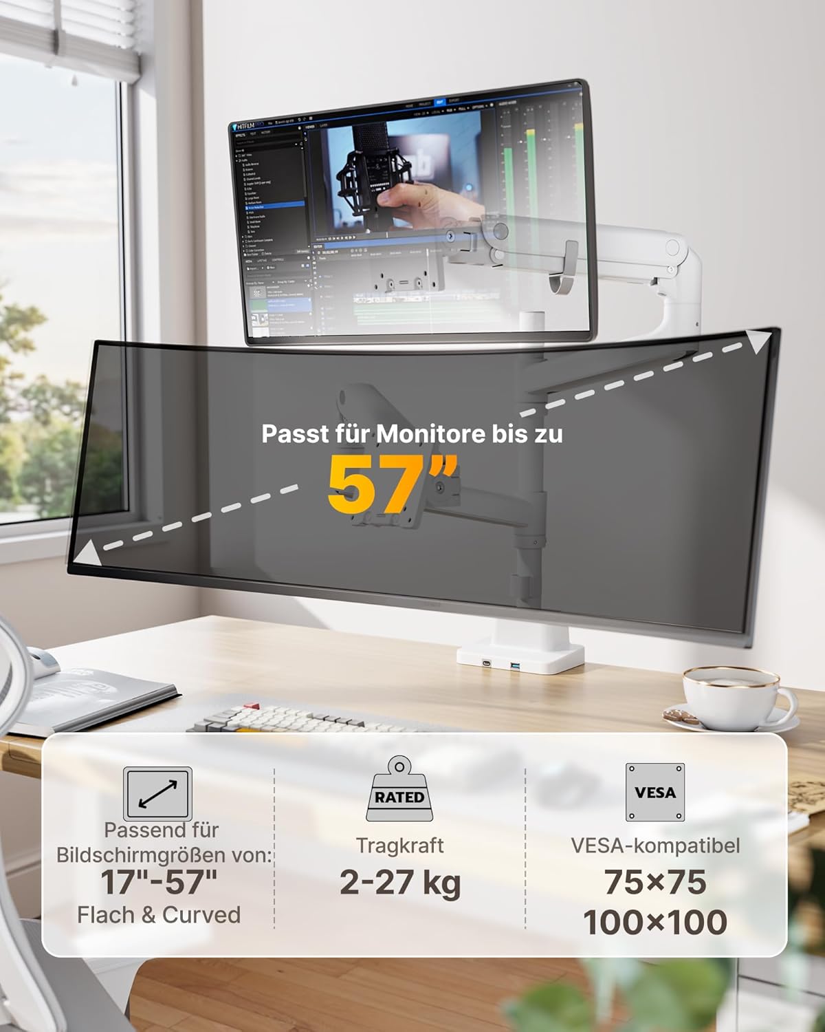 monTEK Dubbele Ultrawide Monitorarm voor 17-57 Inch Schermen tot 27 kg, Aluminium Zware Gasveer Verticale Stapelbare Gebogen Scherm Verstelbare Monitorstandaard, 75/100mm Vesa-bevestiging, Wit