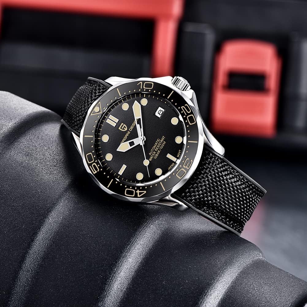 Pagani Design 007-Model Heren Automatische Horloges Japan Beweging Roterende Keramische Bezel Roestvrij Staal Waterdicht Zelf Windend Polshorloge, Zwart rubber Nylon, Japans