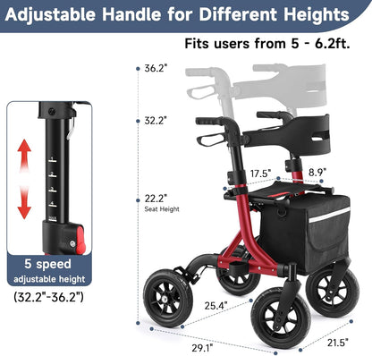 Rollator,Rollator lichtgewicht opvouwbare, buitenrollator met 25 cm grote rubberen niet-luchtbanden voor alle terreinen, geïntegreerde kabelrem, aluminium hoogteverstelbare (rood)