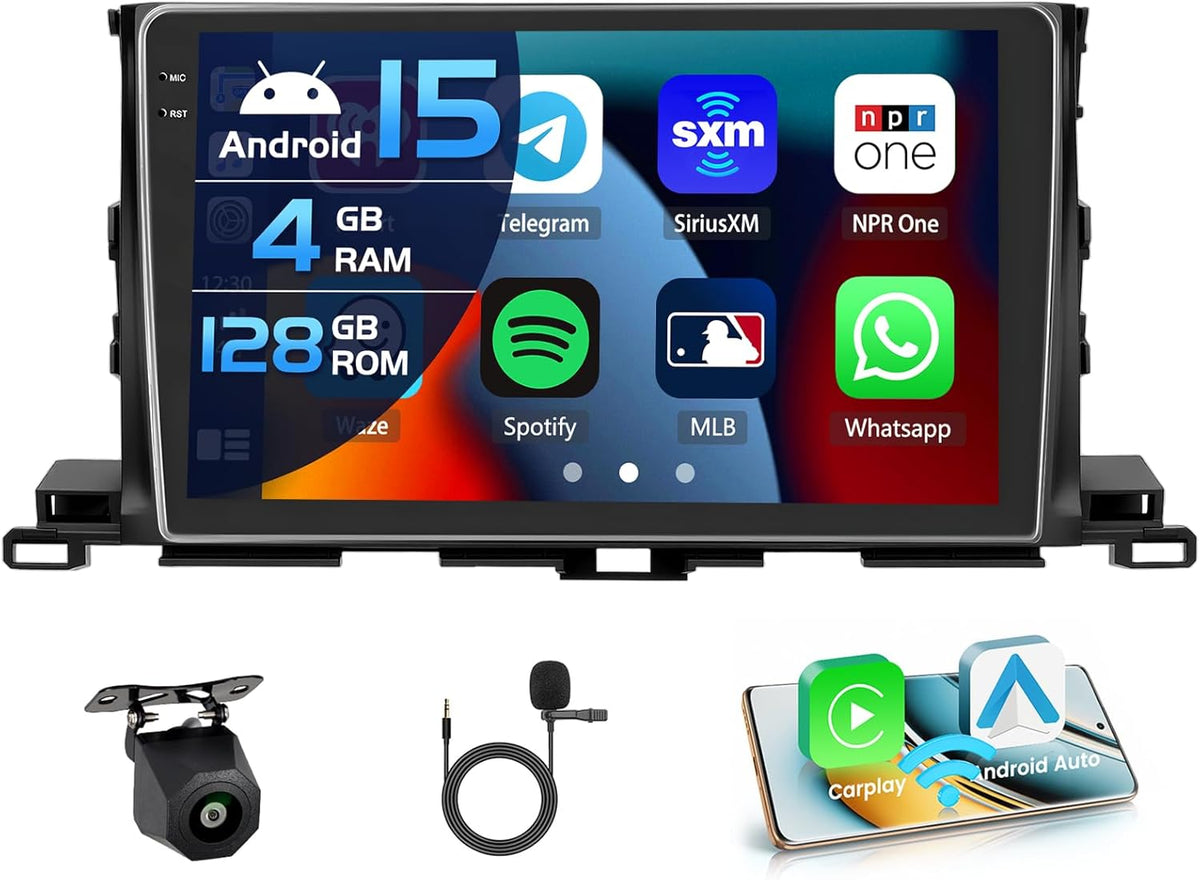 4+128G autoradio voor Toyota Highlander 2015-2018, Android 15 met 10 inch In-Cell scherm, ondersteunt draadloze CarPlay en Android Auto, Mirror Link, FM/RDS-radio, GPS, wifi, Bluetooth en SWC.