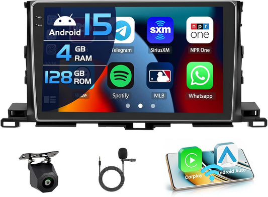 4+128G autoradio voor Toyota Highlander 2015-2018, Android 15 met 10 inch In-Cell scherm, ondersteunt draadloze CarPlay en Android Auto, Mirror Link, FM/RDS-radio, GPS, wifi, Bluetooth en SWC.
