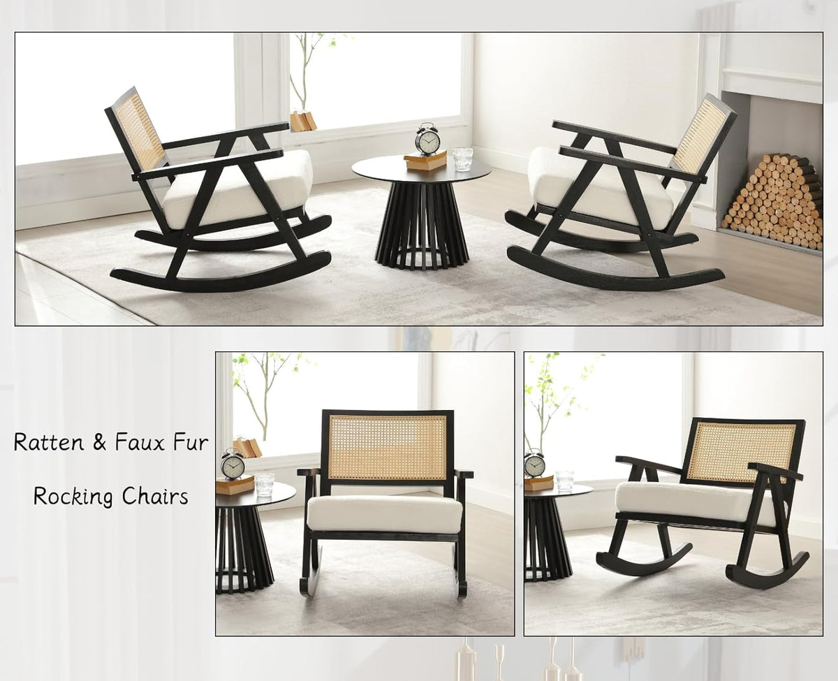 Chairus Upholstered Rocking Chair Living Room Relax Chair Faux Fur Rattan Backrest Rocking Chair Solid Wood Legs for Bedroom (Black)