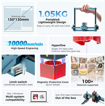 SCULPFUN C1 Mini-lasergraveermachine met Mini RA laser roterende wals, 3 W lasergraveermachine, 0,04 mm zeer nauwkeurige lasergravure, plug and play, ideaal voor doe-het-zelvers, hout