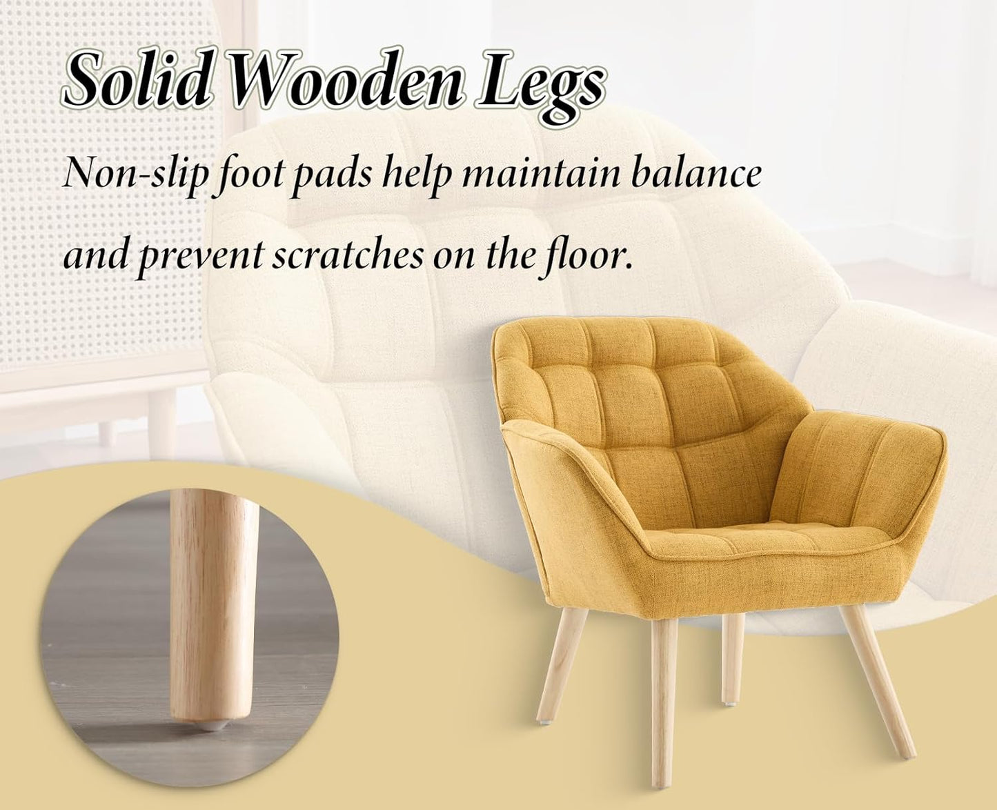 chairus Single Sofa Accent Chair Set of 2 Linen Tub Chairs Upholstered for Living Room Modern Cocktail Armchair with Wooden Legs (Yellow-2)
