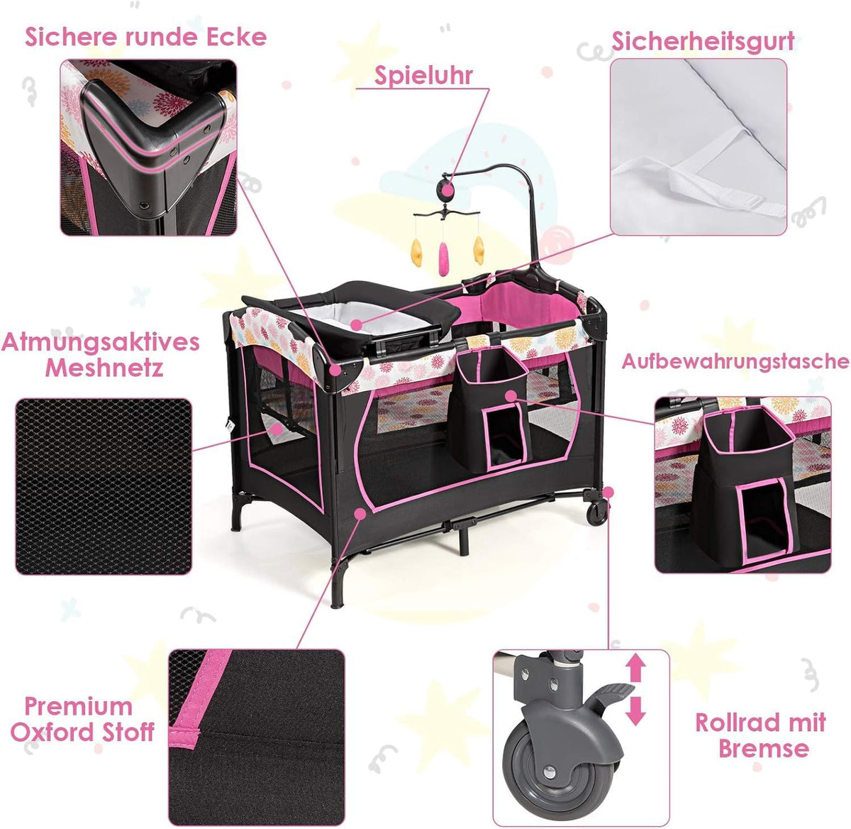 FANTASK 4-in-1 inklapbaar reisbed tot 15 kg, mobiele wieg, bijzetbed & commode & box, 2 niveaus babybed in hoogte verstelbaar met draagtas, matras en muziekdoos