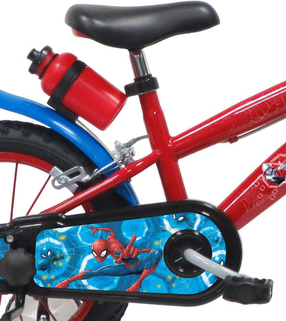 Kinderfiets voor jongens, 14 inch, Spiderman, uitgerust met 2 remmen, opblaasbare banden, decoratieve voorplaat en jerrycan achter