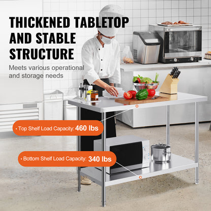 Professionele RVS Werktafel – Werkbank – Keukentafel – Werkbank RVS – RVS Werktafel Horeca – 122x61x86 cm – Verstelbare Legplanken – Roestvrij Staal SUS201