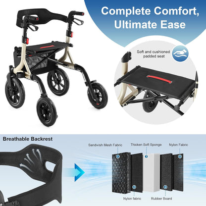 Rollator,Rollator lichtgewicht opvouwbare, buitenrollator met 30 cm grote rubberen niet-luchtbanden voor alle terreinen, geïntegreerde kabelrem, aluminium hoogteverstelbare (goud)