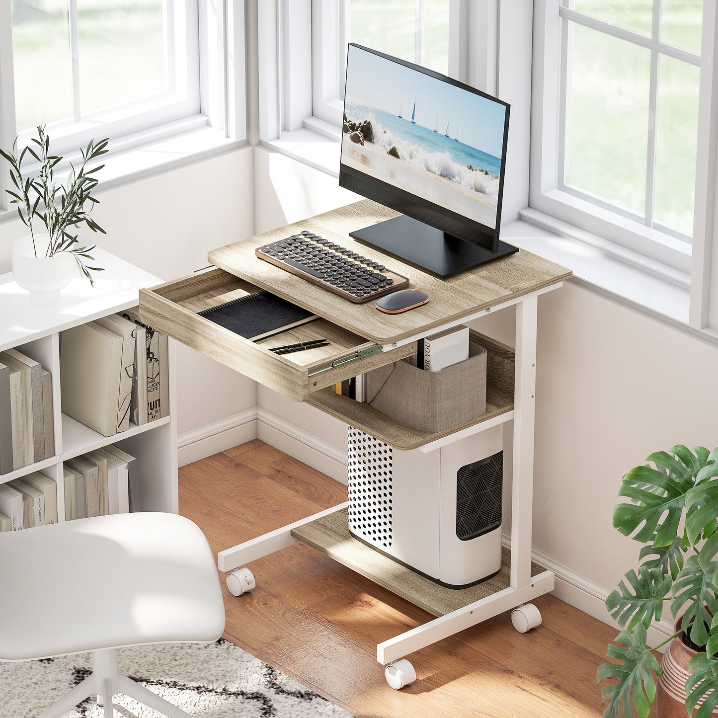 Rollend Bureau – Mobiel Bureau – Compact Bureau – Werkplek met Lade – Opbergrekken – Variant Eiken – Stevig Spaanplaat en Metaal – 4 Draaibare Wieltjes met Rem
