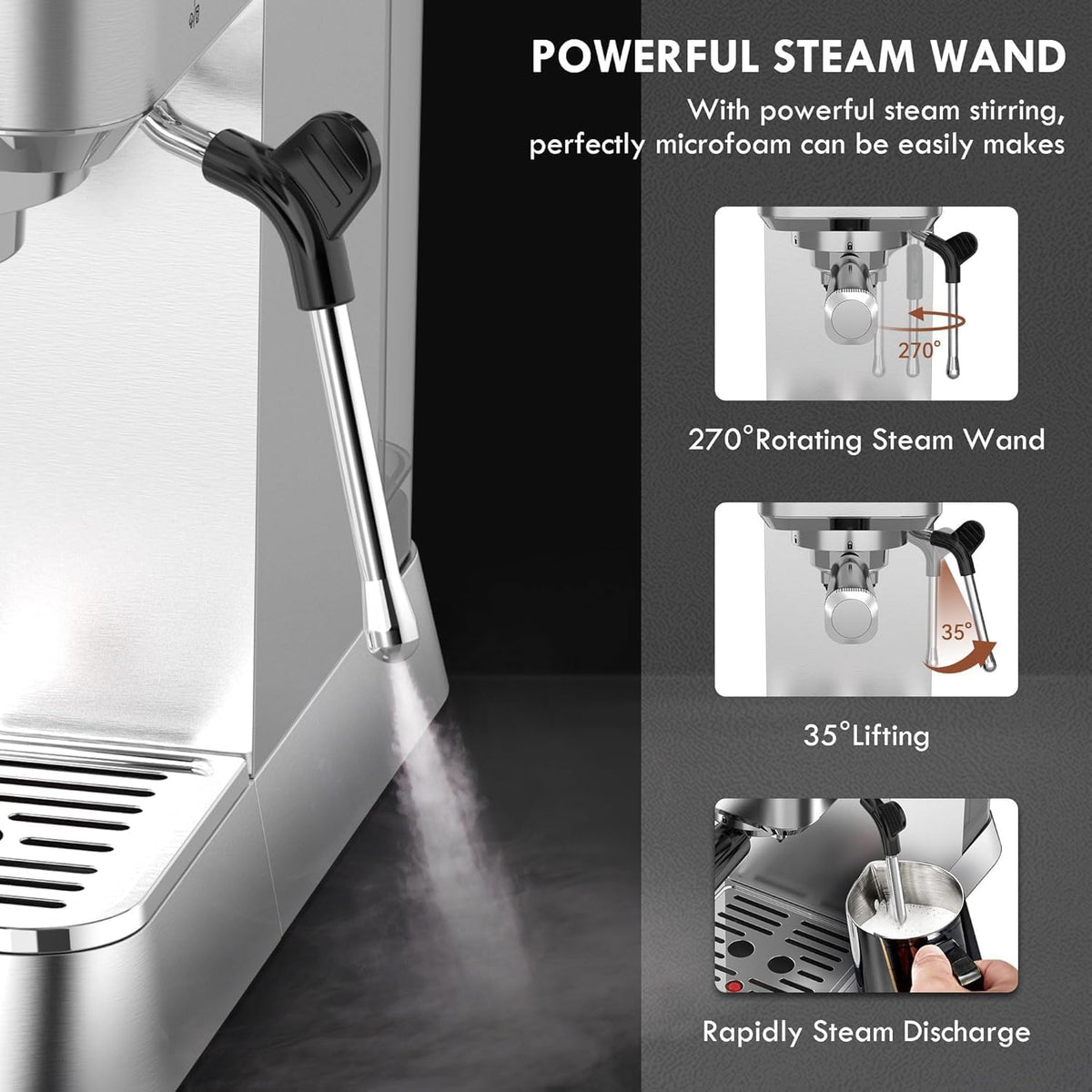KitchenBoss Zeefdragermachine espressomachine zeefdrager: espresso met melkopschuimer, koffiezetapparaat 15 bar, met 1,2 l waterreservoir