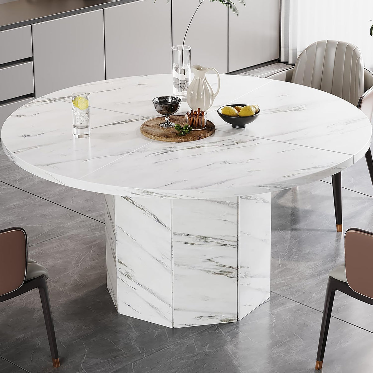 HSH Ronde eettafel voor 4-6 personen, alleen witte faux marmeren eettafel, moderne cirkel keukentafel voor thuis woonkamer, industriële houten eettafel met achthoekige basis, wit marmer, 120 cm - QUORE