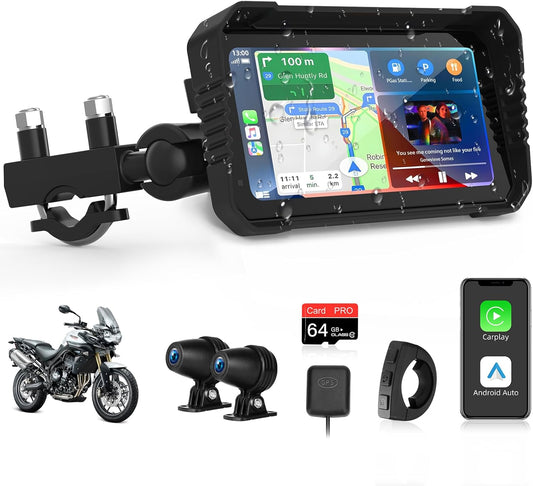 4K Motorfiets CarPlay Android Auto met Dashcam voor en achter, 6,25 inch CarPlay-scherm GPS Dashcam Motorfiets IP67 Waterdicht Touchscreen, Navigatieapparaten Dubbele Bluetooth Spraakbediening 64G TF