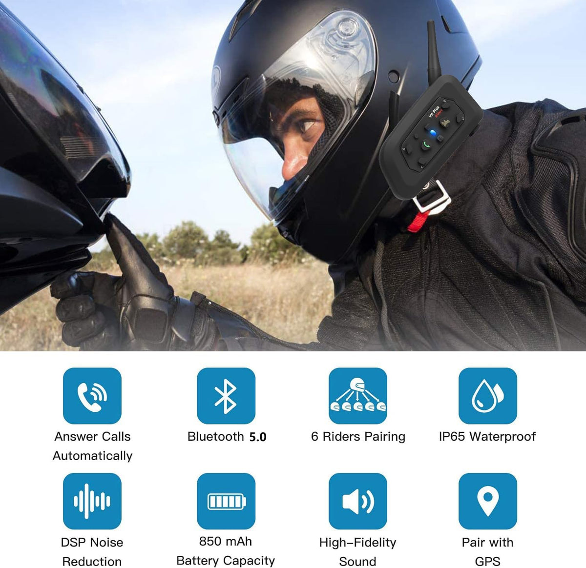 Vnetphone 2 x V6 Bluetooth motorfiets intercom helm communicator headset, 1200 m bereik 6 bestuurders interphone, handleiding in het Duits