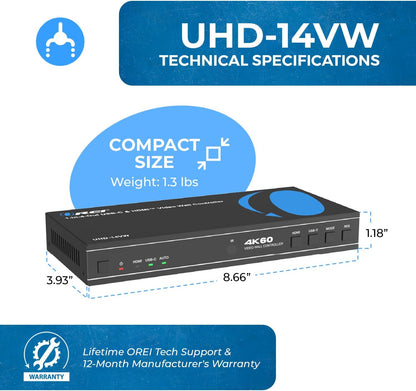 OREI - Videowandcontroller HDMI of USBC 4K 2x2 display tot 4K 60Hz ondersteuning 2x1, 1x2, 1x3, 1x4