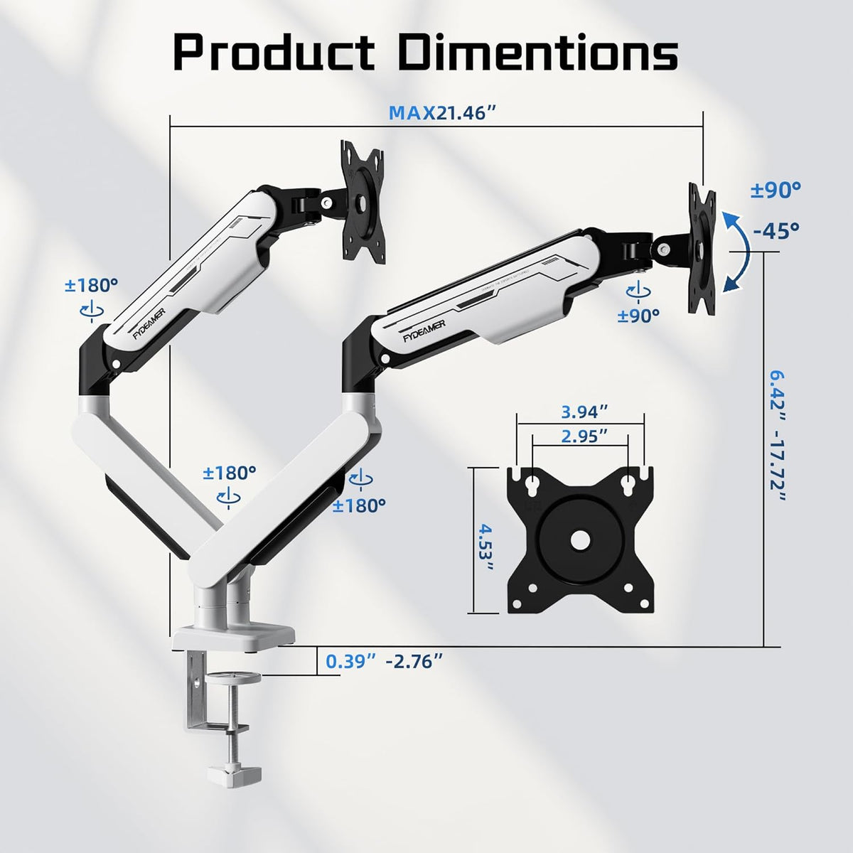Fydeamer Dubbele monitorarm, zware gasveerbevestiging voor schermen van 17-32 inch tot 9 kg, volledig beweegbare bureausteun met VESA 75 x 75/100 x 100 mm compatibiliteit, wit