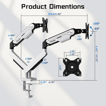 Fydeamer Dubbele monitorarm, zware gasveerbevestiging voor schermen van 17-32 inch tot 9 kg, volledig beweegbare bureausteun met VESA 75 x 75/100 x 100 mm compatibiliteit, wit
