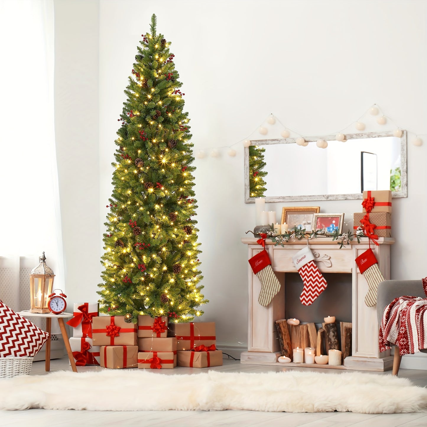 kunstkerstboom – nepkerstboom – kunstboom – kerstversiering – kerstdecoratie – 230 cm groot – 9 lichtstanden met warm wit en multicolor LEDs