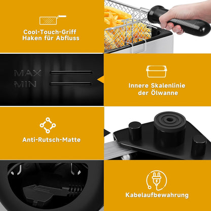 Friteuse, 5 liter friteuse met koude vetzone, 2000 W oliefriteuse, temperatuurregelaar, traploze temperatuurregelaar tot 190 °C, roestvrij staal XL friteuse met 3 frituurmanden, Deep Fryer voor